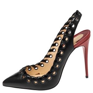 Christian Louboutin Black Leather Whipstitch Ostri Slingback Sandals Size 41